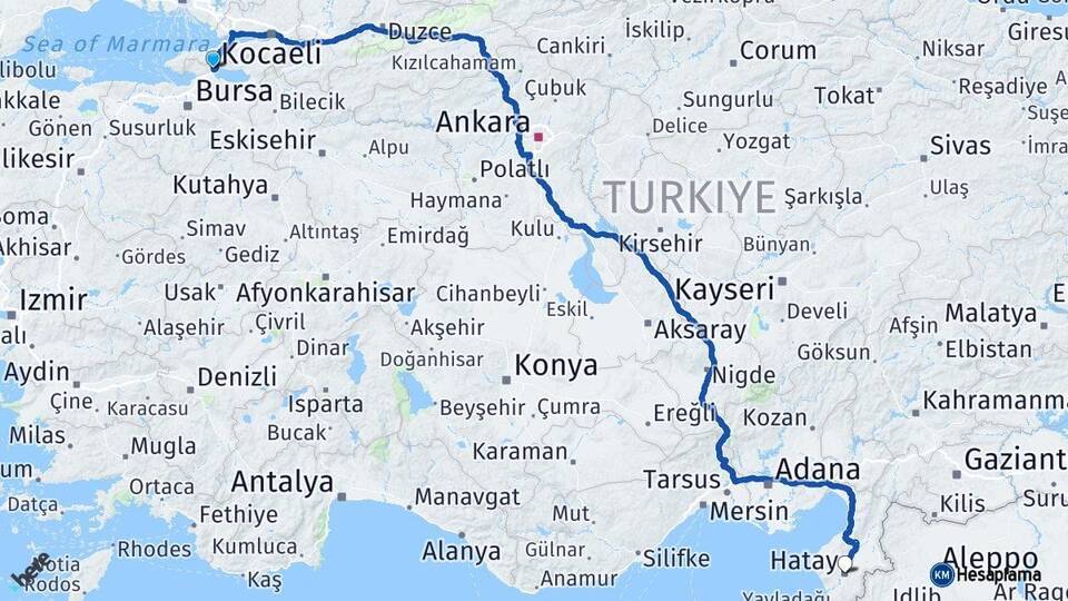Bursa Orhangazi Hatay Arası Kaç Km - Yol Haritası