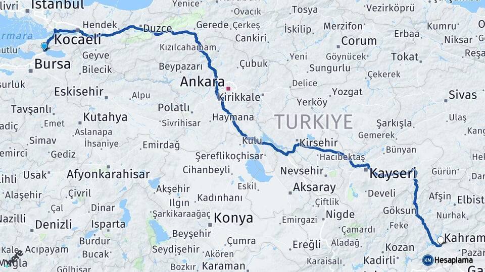 Bursa Orhangazi Kahramanmaraş Arası Kaç Km - Yol Haritası