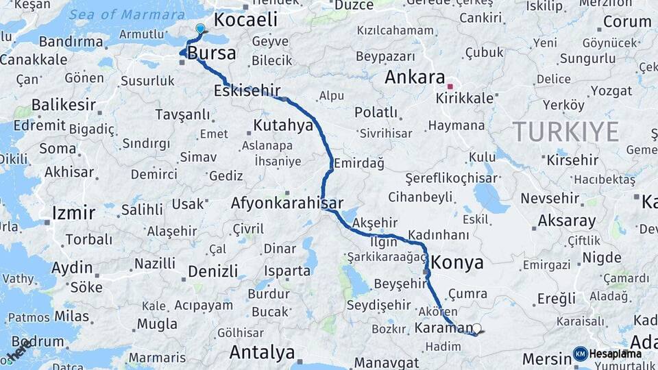 Bursa Orhangazi Karaman Arası Kaç Km - Yol Haritası