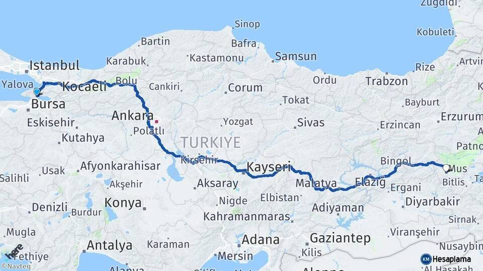 Bursa Orhangazi Muş Arası Kaç Km - Yol Haritası