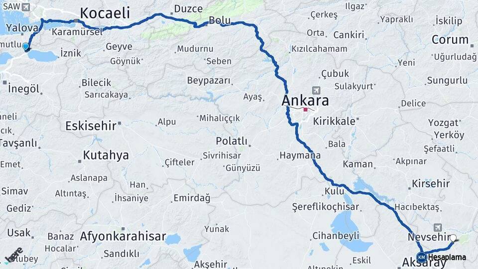 Bursa Orhangazi Nevşehir Arası Kaç Km - Yol Haritası