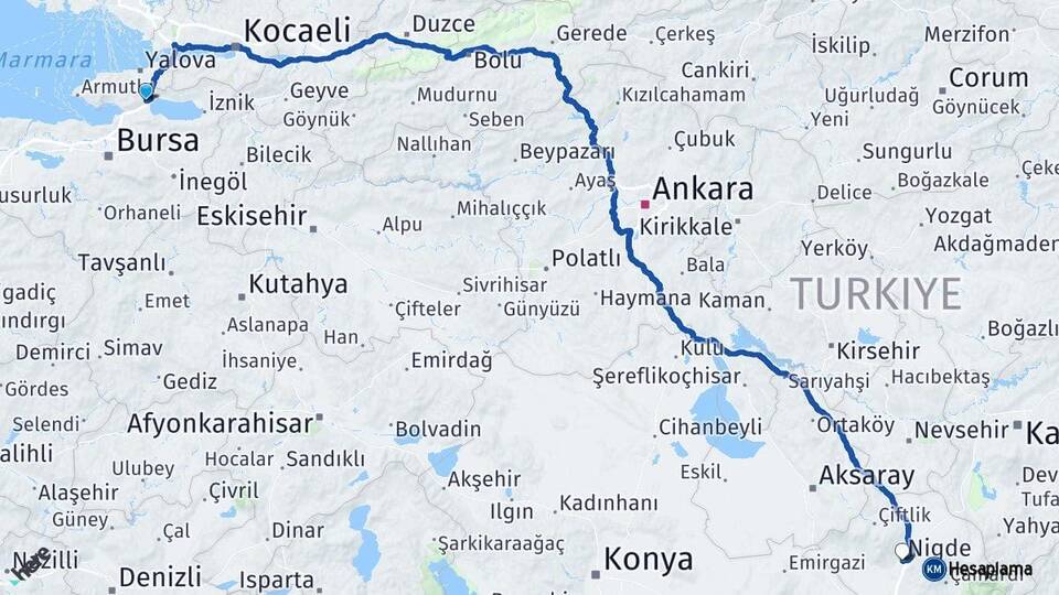 Bursa Orhangazi Niğde Arası Kaç Km - Yol Haritası