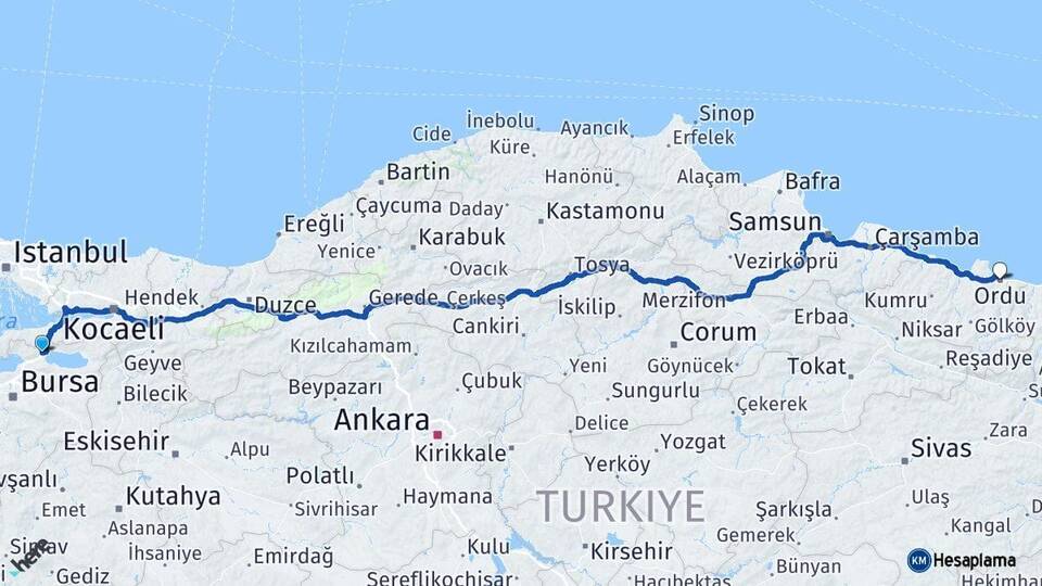 Bursa Orhangazi Ordu Arası Kaç Km - Yol Haritası