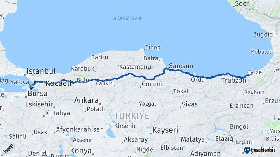 Bursa Orhangazi Rize Arası Kaç Km - Yol Haritası