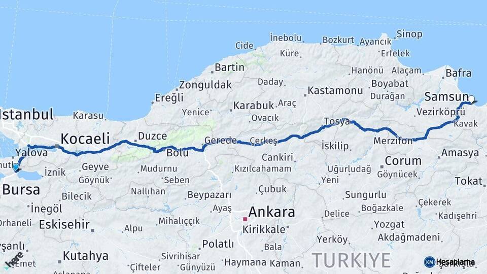 Bursa Orhangazi Samsun Arası Kaç Km - Yol Haritası