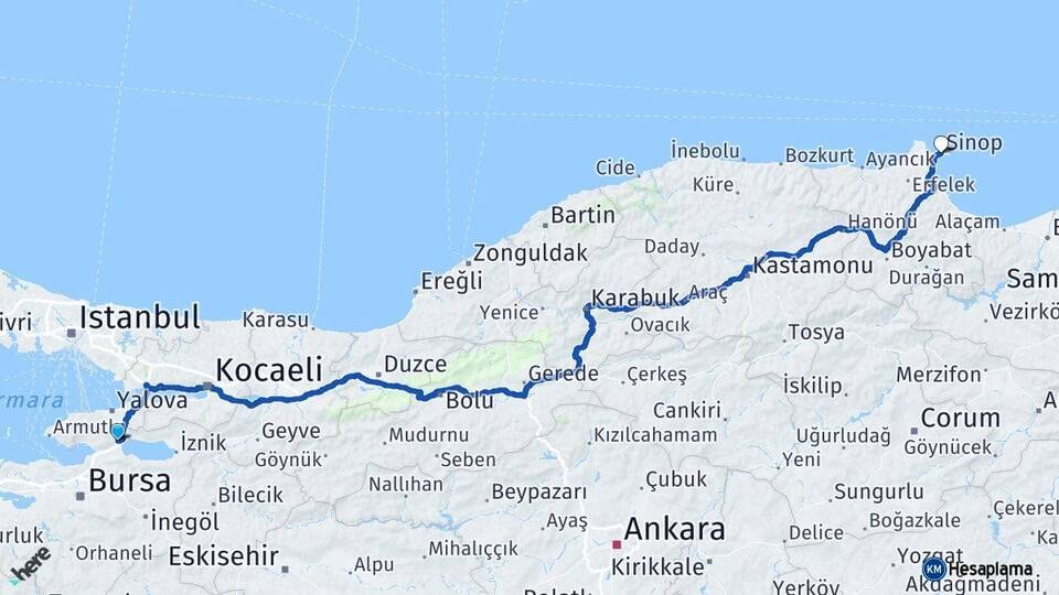 Bursa Orhangazi Sinop Arası Kaç Km - Yol Haritası