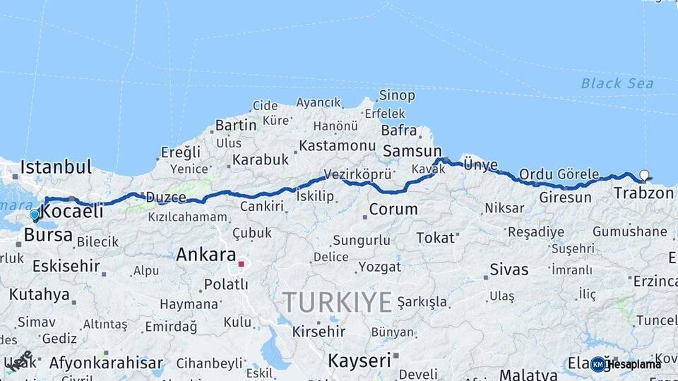 Bursa Orhangazi Trabzon Arası Kaç Km - Yol Haritası