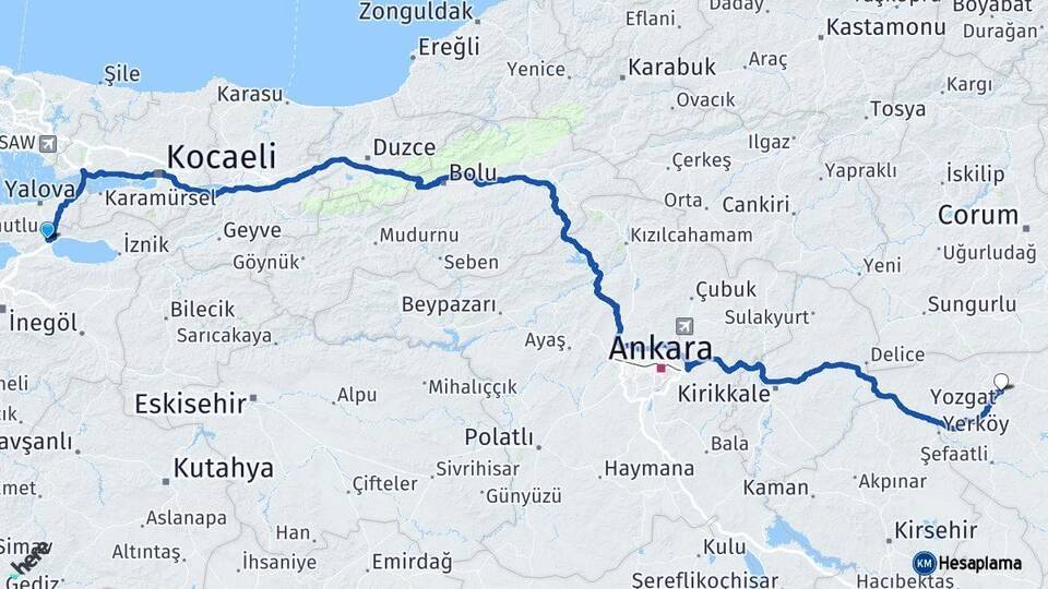 Bursa Orhangazi Yozgat Arası Kaç Km - Yol Haritası