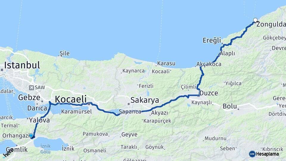 Bursa Orhangazi Zonguldak Arası Kaç Km - Yol Haritası
