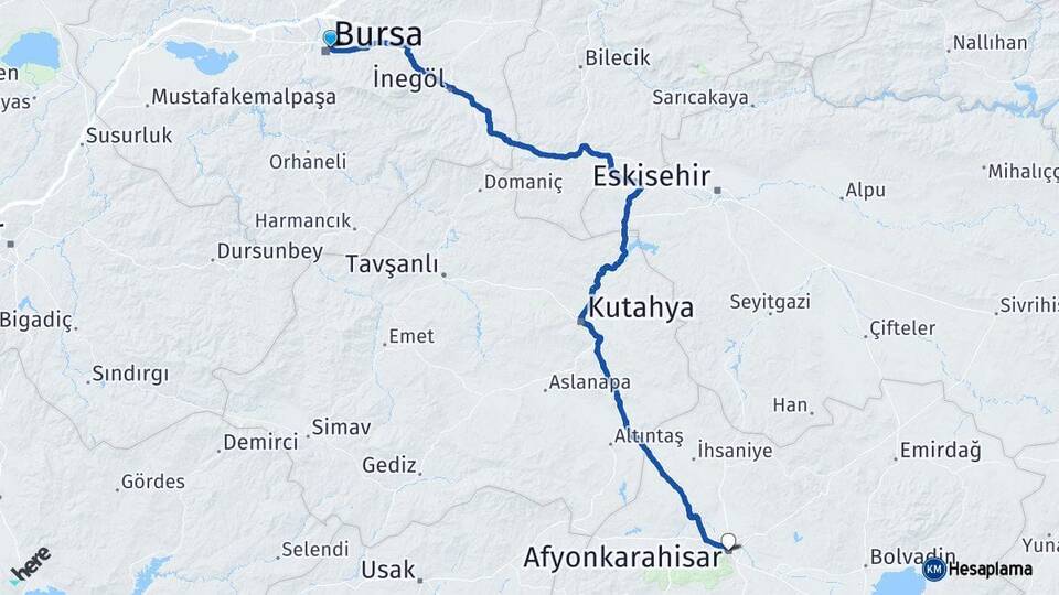 Bursa Osmangazi Afyonkarahisar Arası Kaç Km - Yol Haritası
