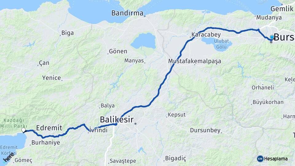 Bursa Osmangazi Akçay Edremit Balıkesir Arası Kaç Km - Yol Haritası