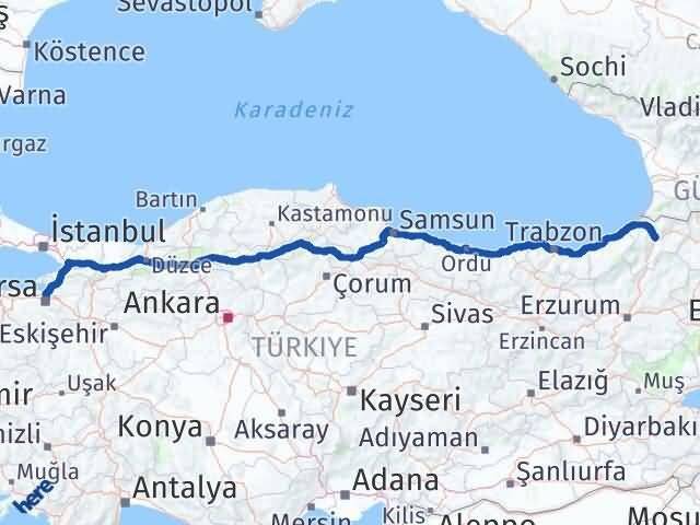 Bursa Osmangazi Artvin Arası Kaç Km - Yol Haritası
