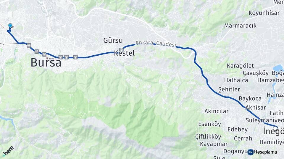 Bursa Osmangazi Bağlarbaşı İnegöl Arası Kaç Km - Yol Haritası