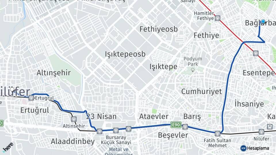 Bursa Osmangazi Bağlarbaşı Nilüfer Arası Kaç Km - Yol Haritası