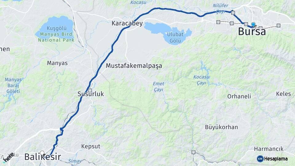 Bursa Osmangazi Balıkesir Arası Kaç Km - Yol Haritası