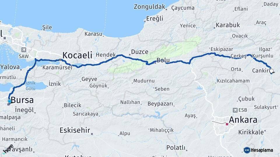 Bursa Osmangazi Çankırı Arası Kaç Km - Yol Haritası