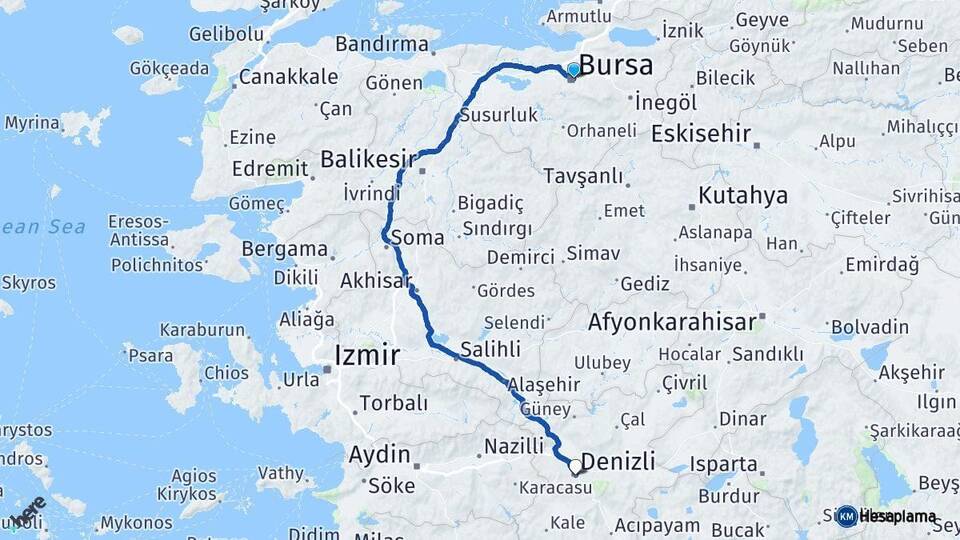 Bursa Osmangazi Denizli Arası Kaç Km - Yol Haritası