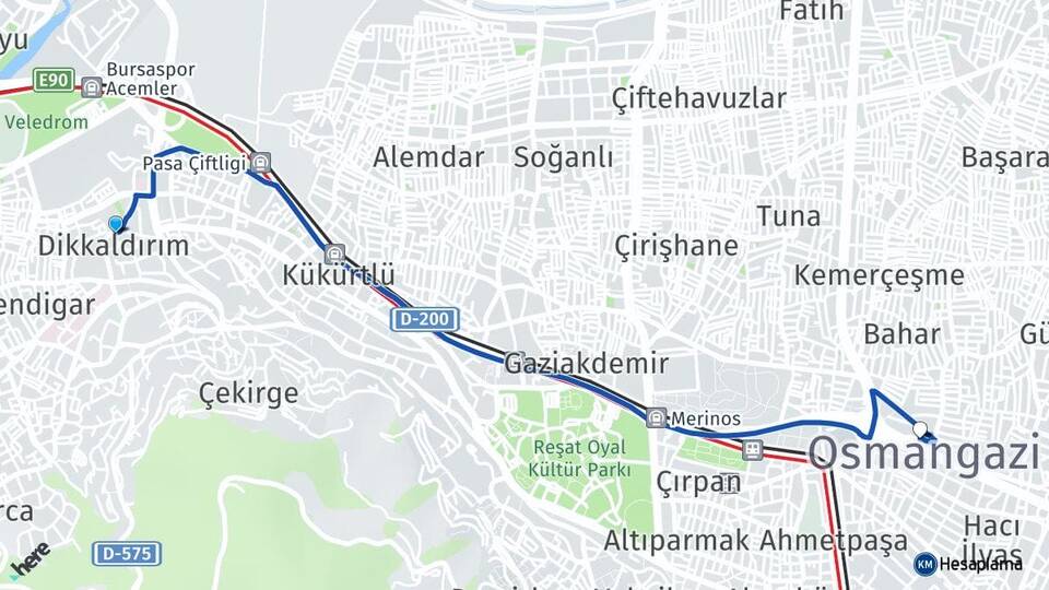Bursa Osmangazi Dikkaldırım Osmangazi Arası Kaç Km - Yol Haritası