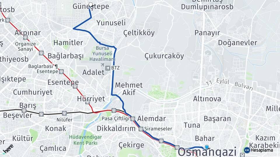 Bursa Osmangazi Güneştepe Osmangazi Arası Kaç Km - Yol Haritası