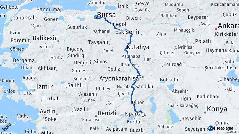 Bursa Osmangazi Isparta Arası Kaç Km - Yol Haritası
