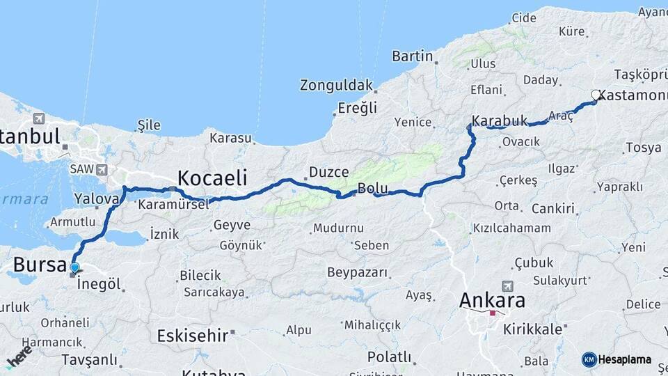Bursa Osmangazi Kastamonu Arası Kaç Km - Yol Haritası