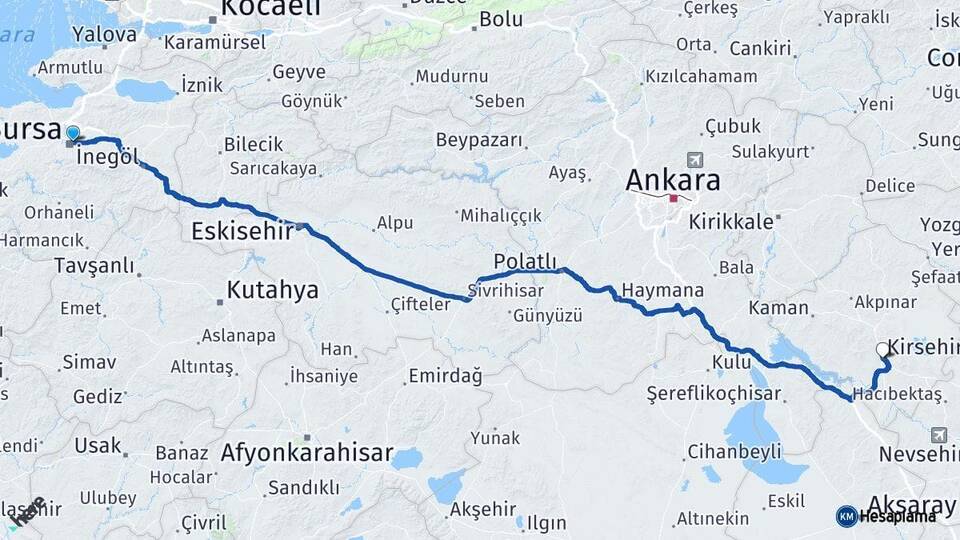 Bursa Osmangazi Kırşehir Arası Kaç Km - Yol Haritası
