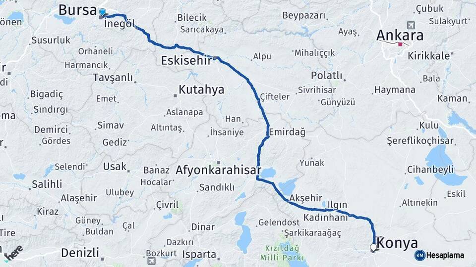 Bursa Osmangazi Konya Arası Kaç Km - Yol Haritası