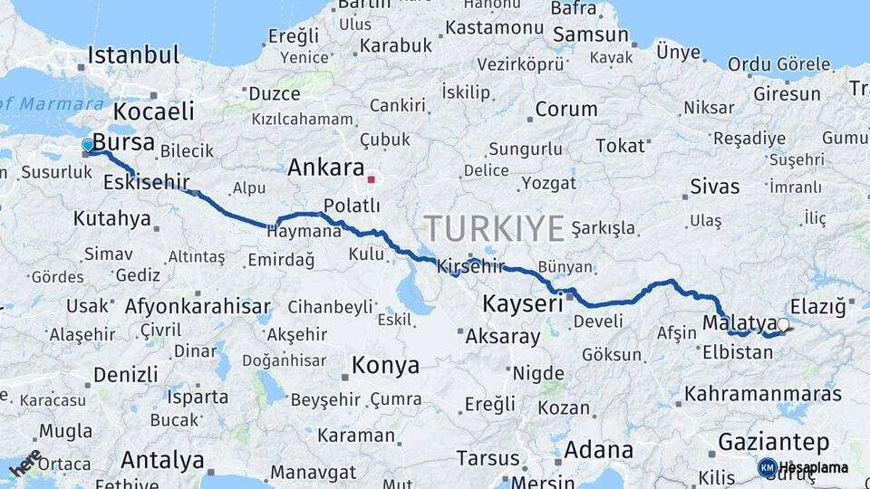 Bursa Osmangazi Malatya Arası Kaç Km - Yol Haritası