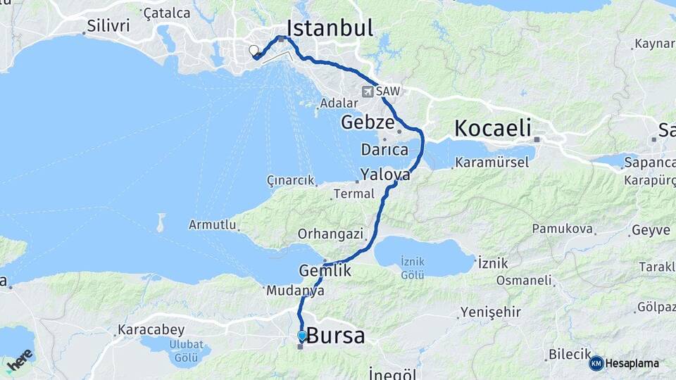 Bursa Osmangazi Merter Güngören İstanbul Arası Kaç Km - Yol Haritası