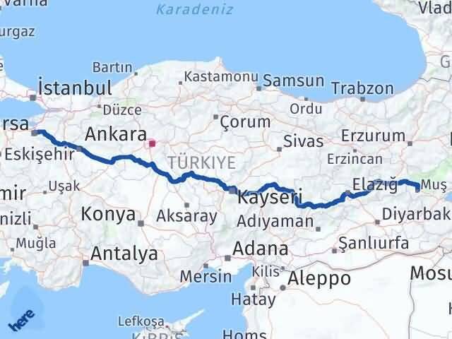Bursa Osmangazi Muş Arası Kaç Km - Yol Haritası