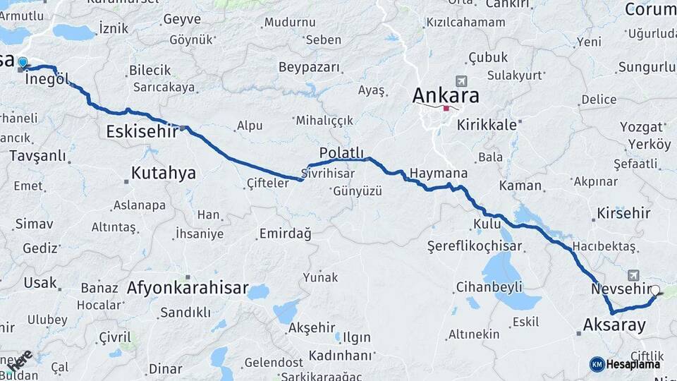 Bursa Osmangazi Nevşehir Arası Kaç Km - Yol Haritası