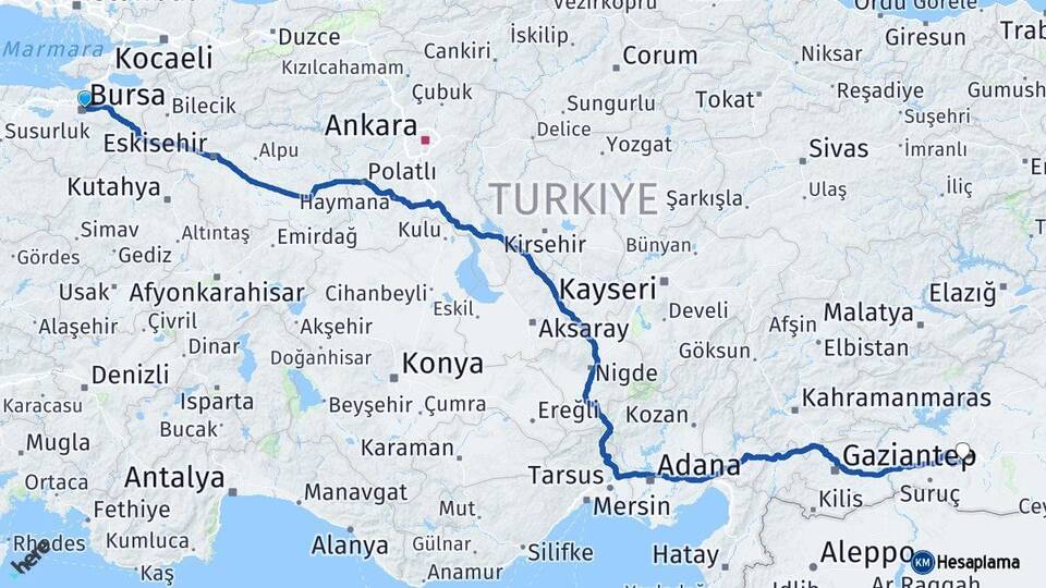 Bursa Osmangazi Şanlıurfa Arası Kaç Km - Yol Haritası