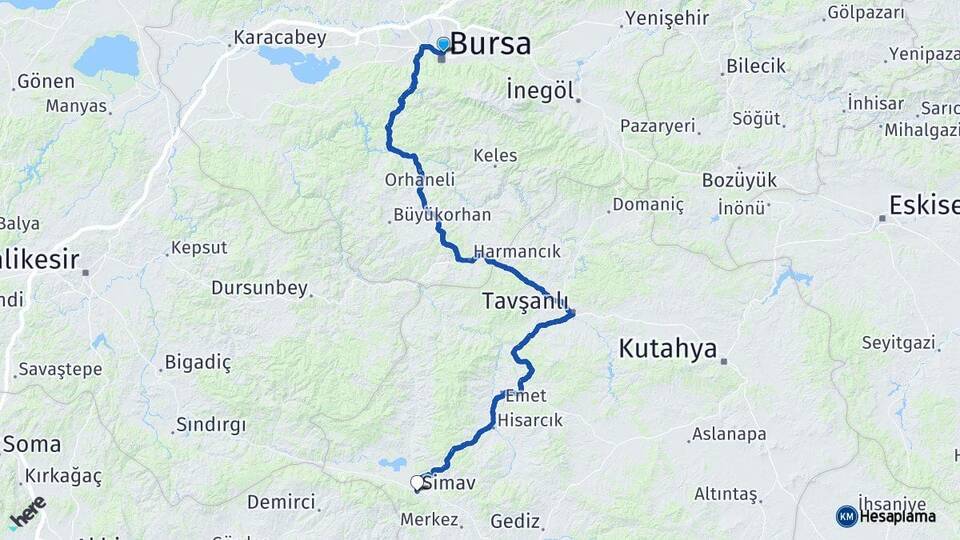 Bursa Osmangazi Simav Kütahya Arası Kaç Km - Yol Haritası