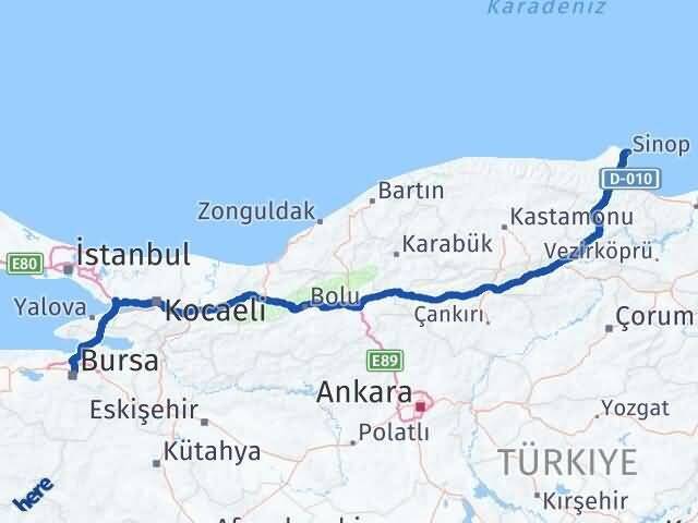 Bursa Osmangazi Sinop Arası Kaç Km - Yol Haritası