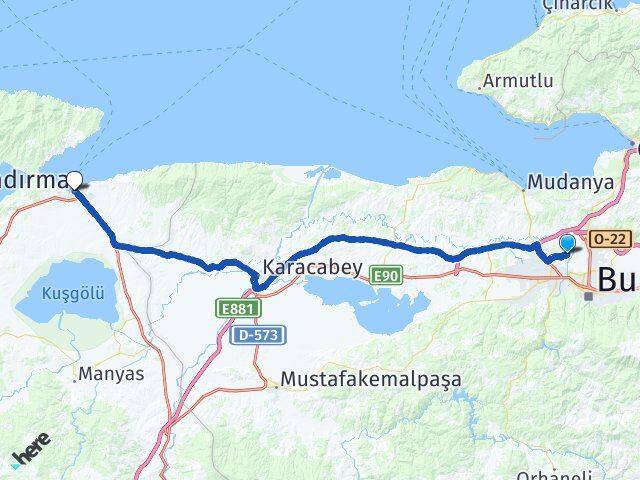 Bursa Osmangazi Yunuseli Bandırma Balıkesir Arası Kaç Km - Yol Haritası