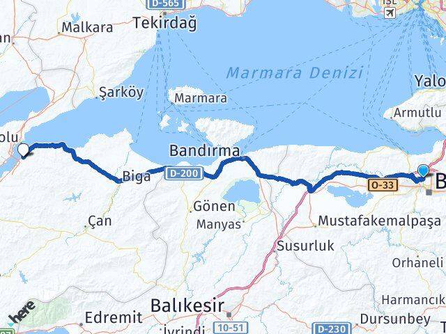 Bursa Osmangazi Yunuseli Lapseki Çanakkale Arası Kaç Km - Yol Haritası