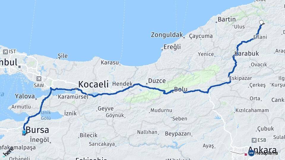 Bursa Pınarbaşı Kastamonu Arası Kaç Km - Yol Haritası