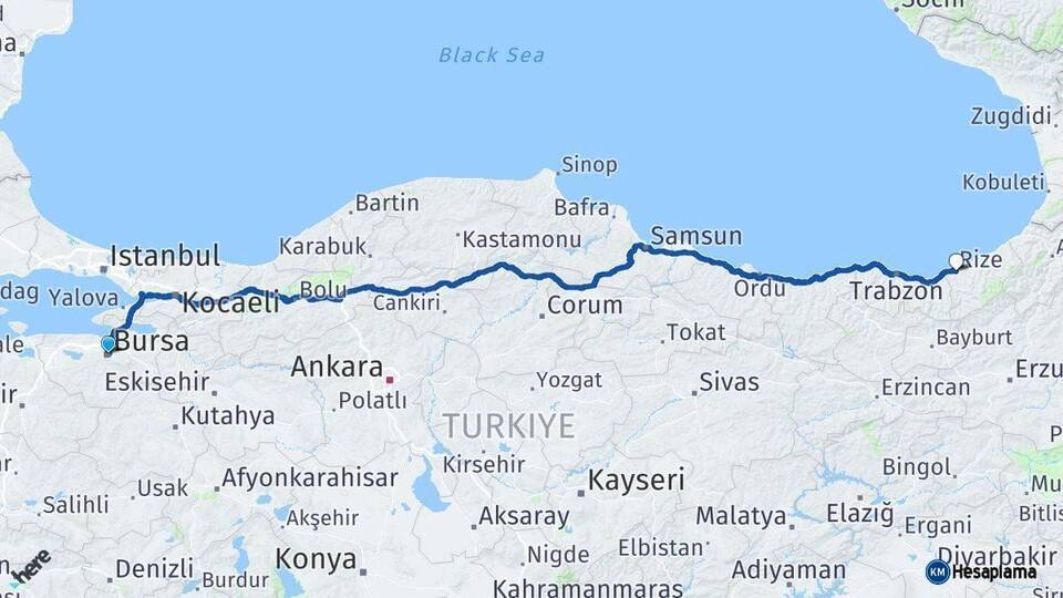 Bursa Rize Arası Kaç Km - Yol Haritası