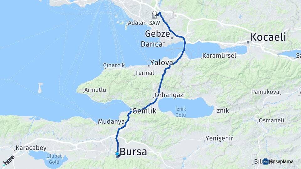 Bursa Sabiha Gökçen Havalimanı Arası Kaç Km - Yol Haritası