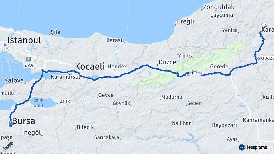 Bursa Safranbolu Karabük Arası Kaç Km - Yol Haritası