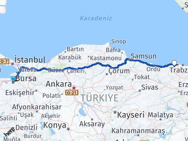 Bursa Şalpazarı Trabzon Arası Kaç Km - Yol Haritası