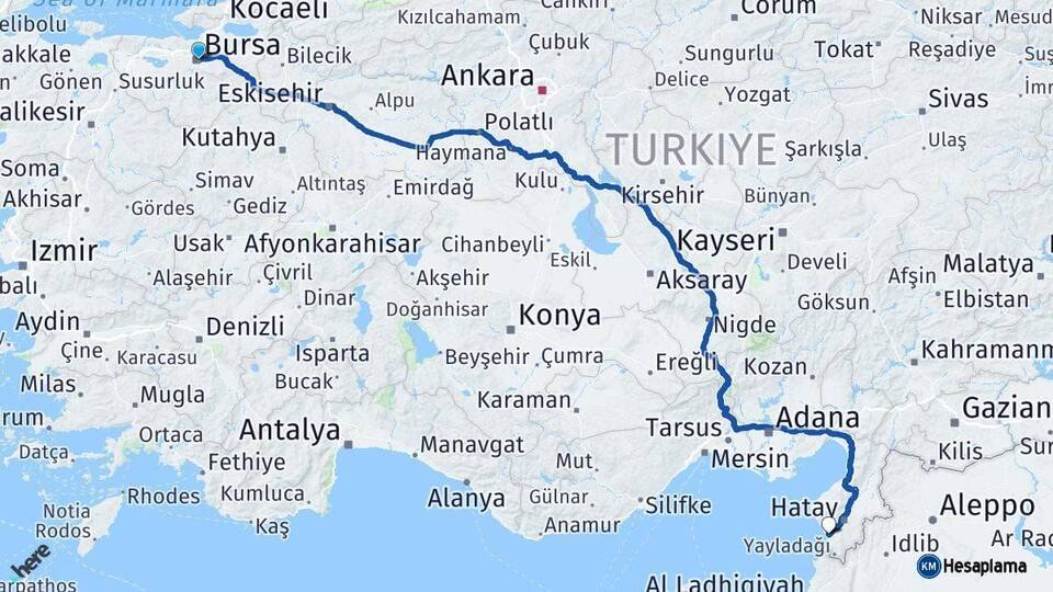 Bursa Samandağ Hatay Arası Kaç Km - Yol Haritası