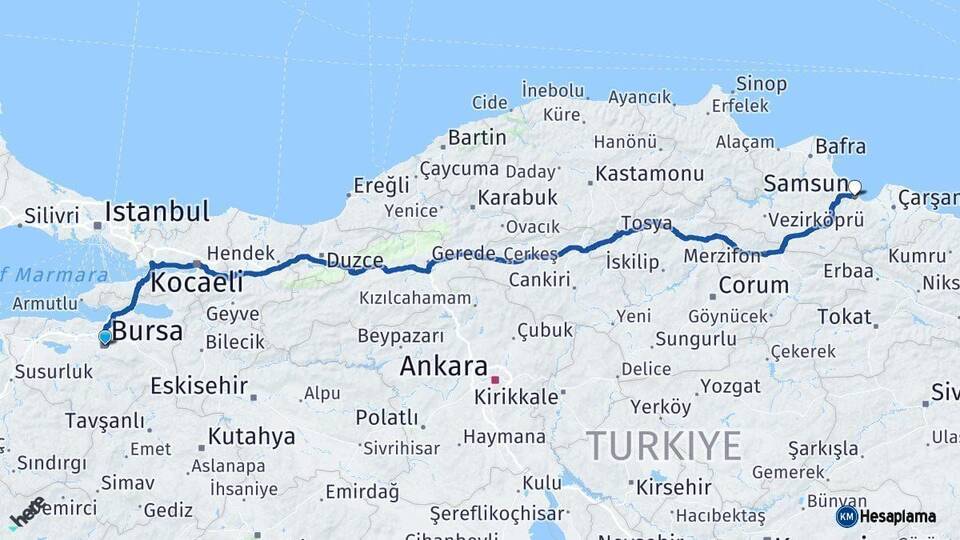 Bursa Samsun Arası Kaç Km - Yol Haritası