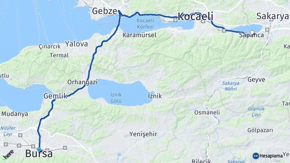 Bursa Sapanca Sakarya Arası Kaç Km - Yol Haritası