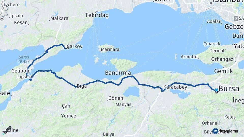 Bursa Şarköy Tekirdağ Arası Kaç Km - Yol Haritası