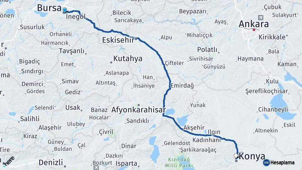 Bursa Selçuklu Konya Arası Kaç Km - Yol Haritası
