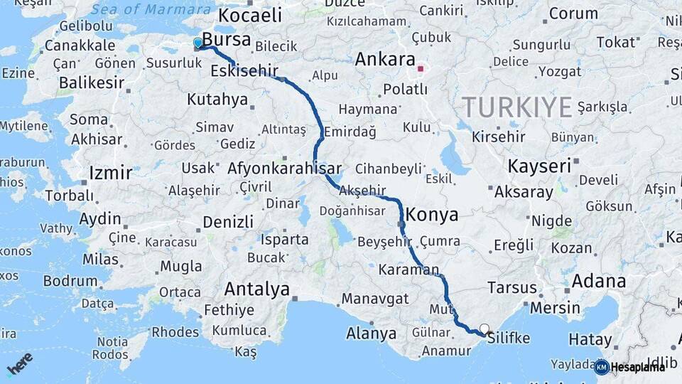 Bursa Silifke Mersin Arası Kaç Km - Yol Haritası
