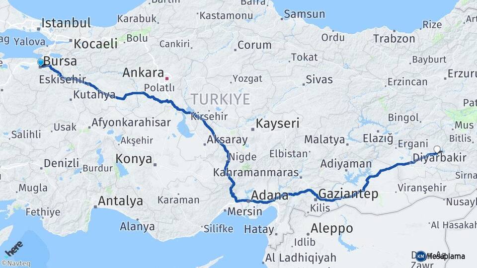 Bursa Silvan Diyarbakır Arası Kaç Km - Yol Haritası