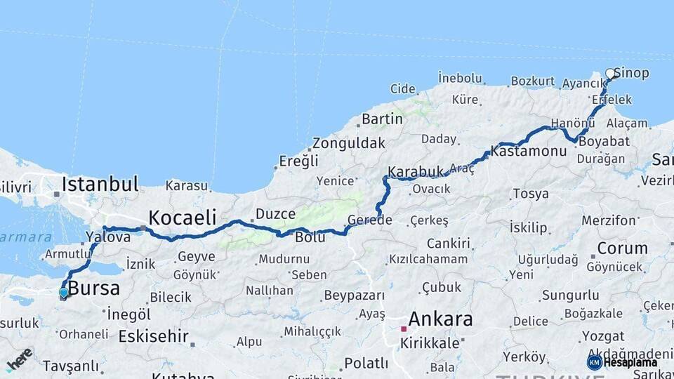 Bursa Sinop Arası Kaç Km - Yol Haritası