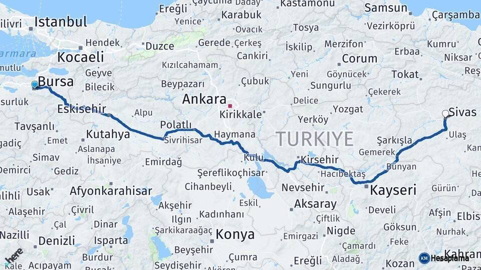 Bursa Sivas Arası Kaç Km - Yol Haritası